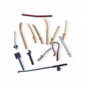 LEGO Minifigure Weapon Accessory Lot Golden Swords, Tools, Whip, Shovel, Mixed